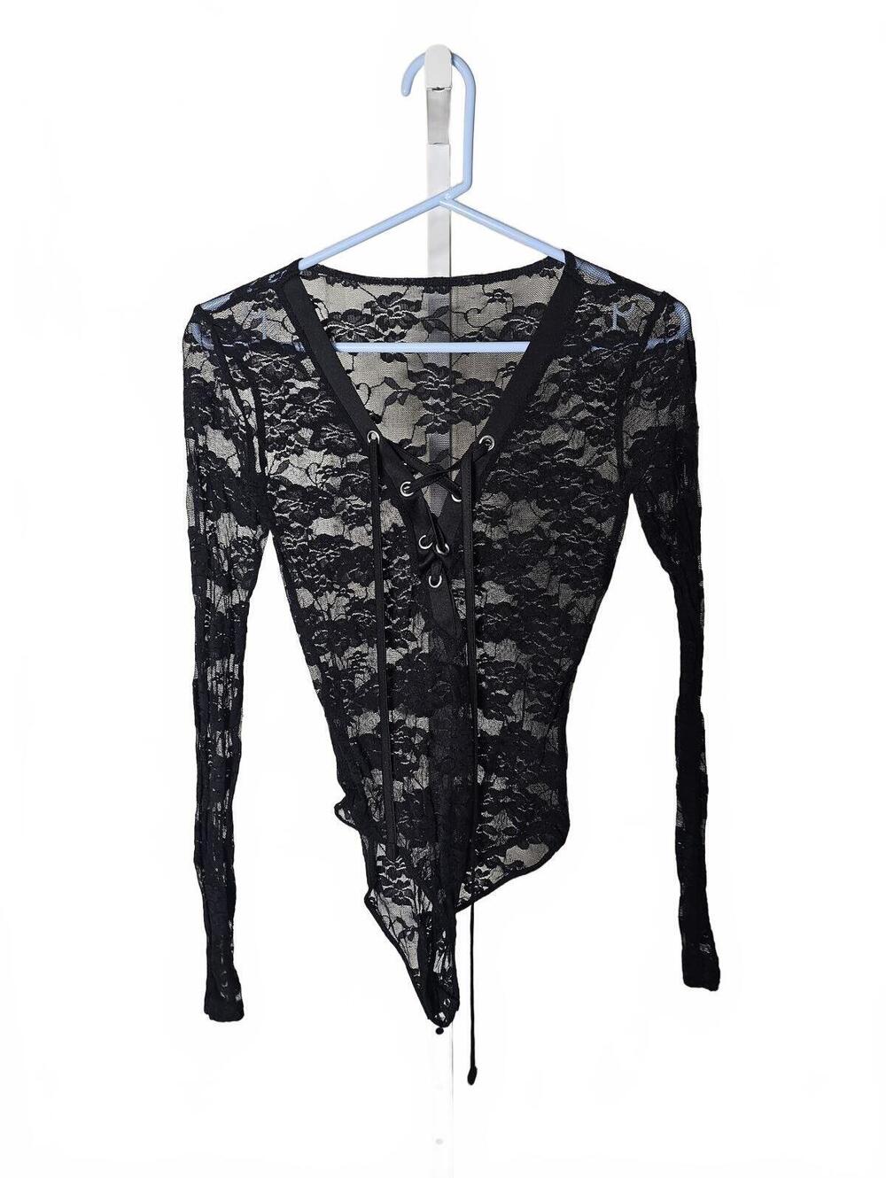 Black Lace Long Sleeve Sheer Bodysuit with Lace-Up Front